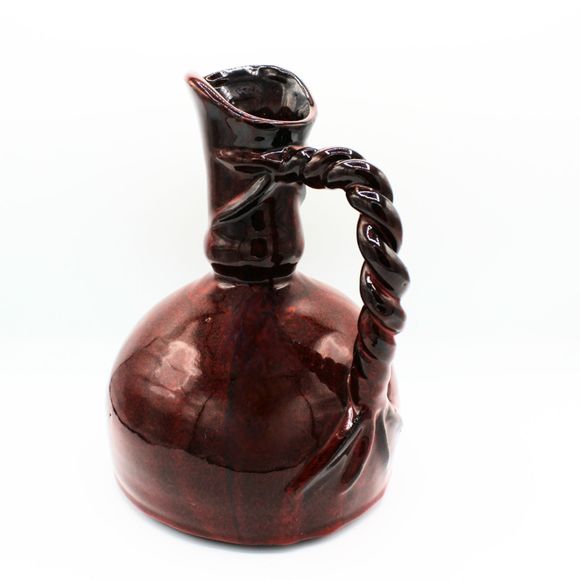 Mediterranean Style Ceramic Pottery Pitcher Burgundy Red 10" Braided Rope Handle - Picture 4 of 7